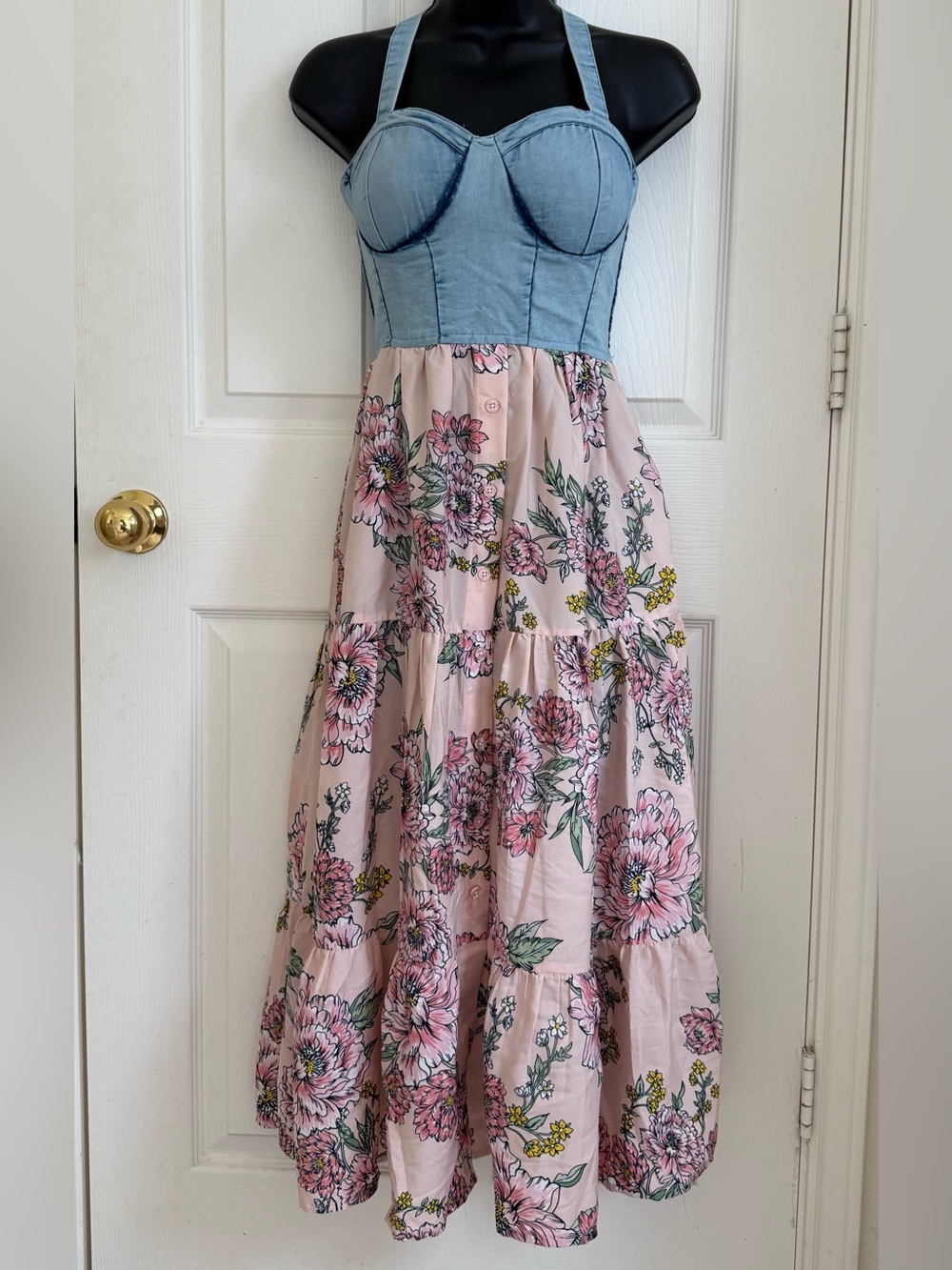 Light Pink Floral Maxi Dress with Denim Bust